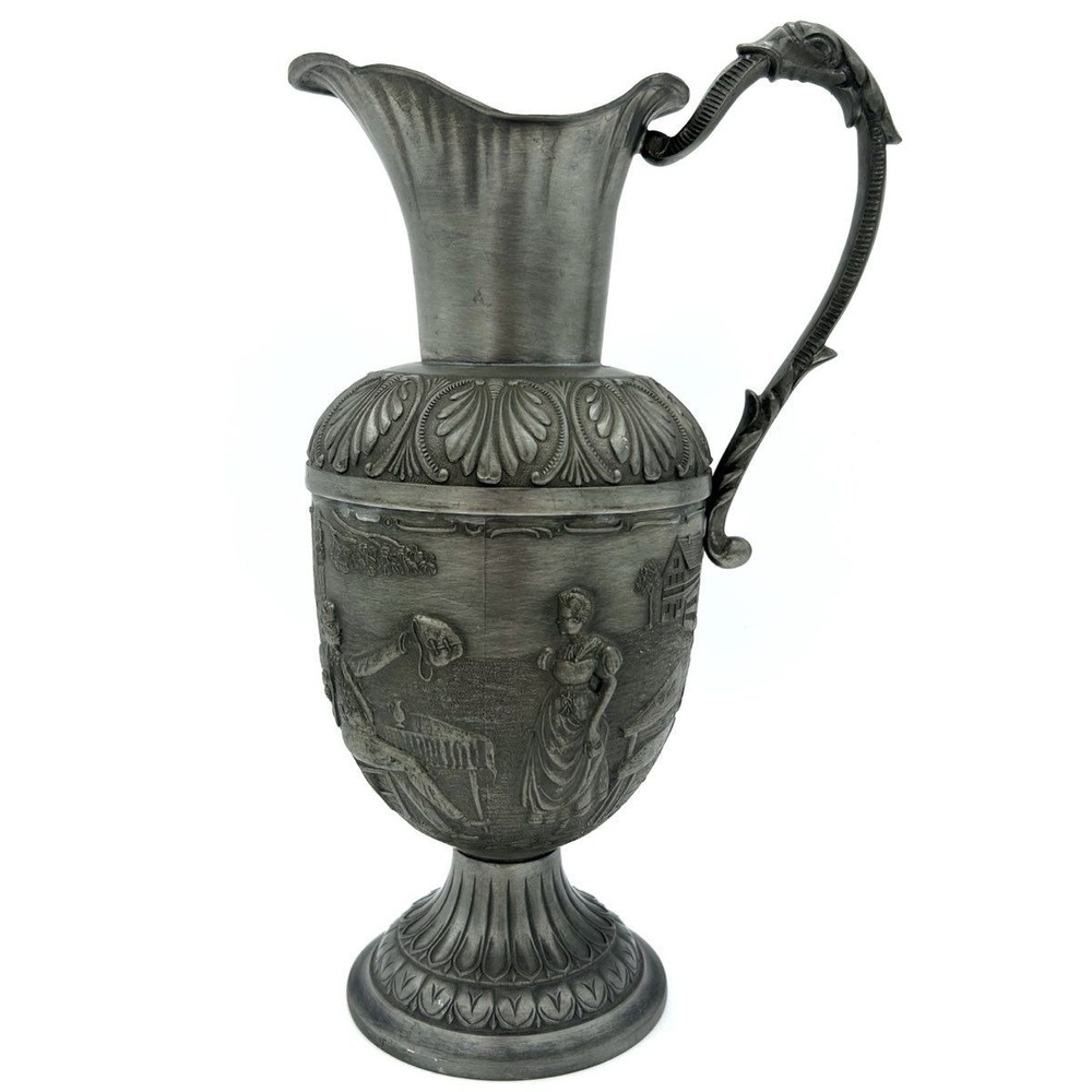 Frieling-Zinn Germany 95% Pewter Pitcher Tavern Relief Scene German Drinking